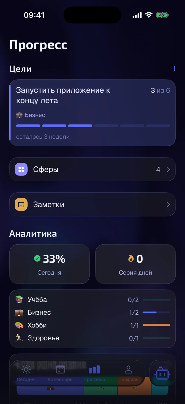 Экран «Прогресс» в dot.: аналитика по сферам и целям